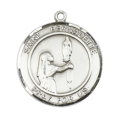 Mens .925 Sterling Silver Saint St. Bernadette Medal Pendant on 24 inch Rhodium Plated Heavy Curb Brass Chain with Lobster Claw clasp, Catholic Religious Necklace - Made in USA- Velvet Gift Box