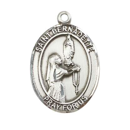 Saint St. Bernadette Men's .925 Sterling Silver Medal Necklace– Patron Saint St. of Illness & Poverty – 24 Inch Light Rhodium Plated Heavy Curb Chain, Catholic Medal – Velvet Gift Box