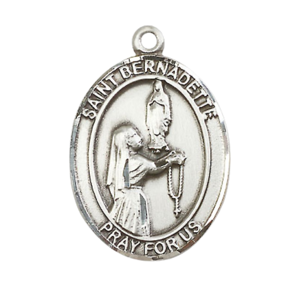 Mens .925 Sterling Silver Saint St. Bernadette Medal Pendant on 24 Inch Rhodium Plated Heavy Curb Brass Chain with Lobster Claw clasp, Catholic Religious Necklace - Made in USA- Velvet Gift Box