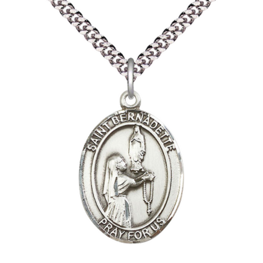 Saint St. Bernadette Men's .925 Sterling Silver Medal Necklace– Patron Saint St. of Illness & Poverty – 24 Inch Light Rhodium Plated Heavy Curb Chain, Catholic Medal – Velvet Gift Box