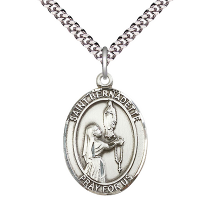 Mens 1 x 3/4" Oval Pewter Saint St. Bernadette Medal Pendant on 24 Inch Rhodium Plated Heavy Curb Brass Chain with Lobster Claw clasp, Catholic Religious Necklace - Made in USA- Velvet Gift Box