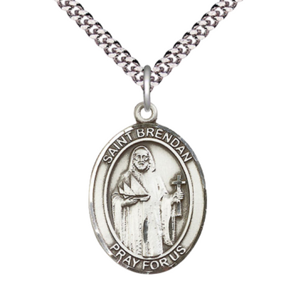 Mens Oval Pewter Saint St. Brendan the Navigator Medal Pendant on 24 Inch Rhodium Plated Heavy Curb Brass Chain with Lobster Claw clasp, Catholic Religious Necklace - Made in USA- Velvet Gift Box
