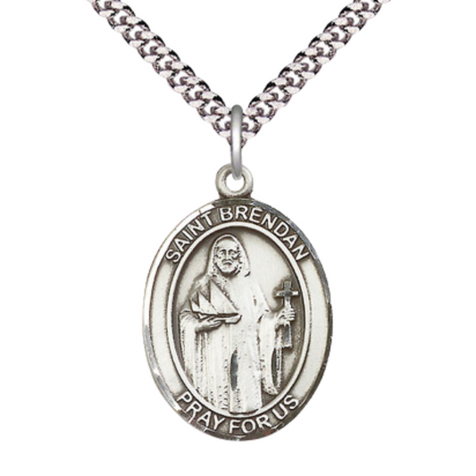 Mens Oval Pewter Saint St. Brendan the Navigator Medal Pendant on 24 Inch Rhodium Plated Heavy Curb Brass Chain with Lobster Claw clasp, Catholic Religious Necklace - Made in USA- Velvet Gift Box