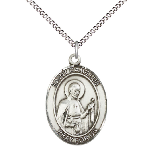 Women's .925 Sterling Silver Saint St. Camillus of Lellis Medal Pendant on 18 Inch Rhodium Plated Lite Curb Brass Chain w/ Lobster Claw Clasp, Catholic Religious Necklace - Made in USA- Deluxe Velvet Gift Box