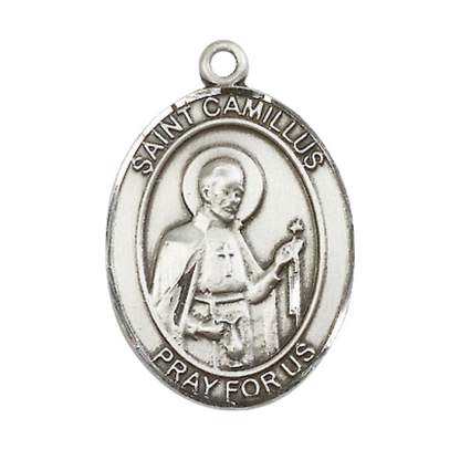 Women's .925 Sterling Silver Saint St. Camillus of Lellis Medal Pendant on 18 Inch Rhodium Plated Lite Curb Brass Chain w/ Lobster Claw Clasp, Catholic Religious Necklace - Made in USA- Deluxe Velvet Gift Box