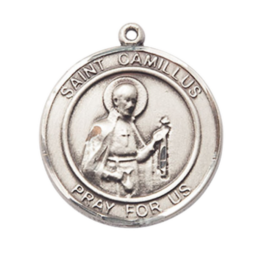 Mens .925 Sterling Silver Saint St. Camillus of Lellis Medal Pendant on 24 Inch Rhodium Plated Heavy Curb Brass Chain with Lobster Claw clasp, Catholic Religious Necklace - Made in USA- Velvet Gift Box