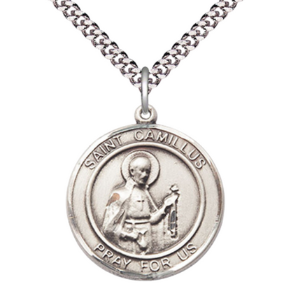 Men's .925 Sterling Silver Saint St. Camillus of Lellis Medal Pendant on 24 Inch Endless Rhodium Plated Heavy Curb Chain, Catholic Religious Necklace - Made in USA - Deluxe Velvet Gift Box
