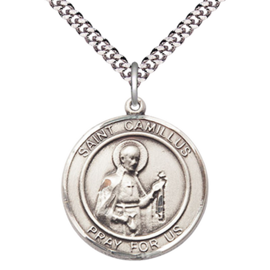 Mens Round Pewter Saint Camillus of Lellis Medal Pendant on 24" Rhodium Plated Heavy Curb Brass Chain with Lobster Claw clasp, Catholic Religious Necklace -Made in USA- Velvet Gift Box