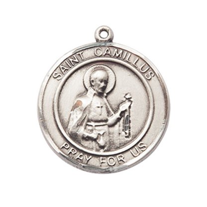 Women's Pewter Saint St. Camillus of Lellis Medal Pendant on 18 Inch Rhodium Plated Lite Curb Brass Chain w/ Lobster Claw Clasp, Catholic Religious Necklace - Made in USA- Deluxe Velvet Gift Box