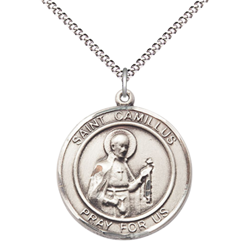 Women's Pewter Saint St. Camillus of Lellis Medal Pendant on 18 Inch Rhodium Plated Lite Curb Brass Chain w/ Lobster Claw Clasp, Catholic Religious Necklace - Made in USA- Deluxe Velvet Gift Box