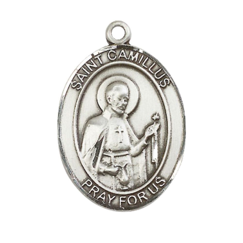 .925 Sterling Silver Saint St. Camillus of Lellis Medal Pendant on 24 Inch Endless Rhodium Plated Heavy Curb Brass Chain, Catholic Religious Necklace - Made in USA- Prayer Card Included
