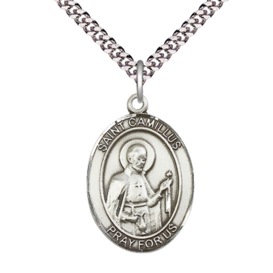 Saint St. Camillus of Lellis Men's Pewter Medal Necklace– Patron Saint St. of Hospitals & Nurses – 24 Inch Light Rhodium Plated Heavy Curb Chain, Catholic Medal – Velvet Gift Box