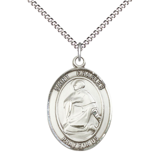 Women's .925 Sterling Silver Saint St. Charles Borromeo Medal Pendant on 18 Inch Rhodium Plated Lite Curb Brass Chain w/ Lobster Claw Clasp, Catholic Religious Necklace - Made in USA- Deluxe Velvet Gift Box