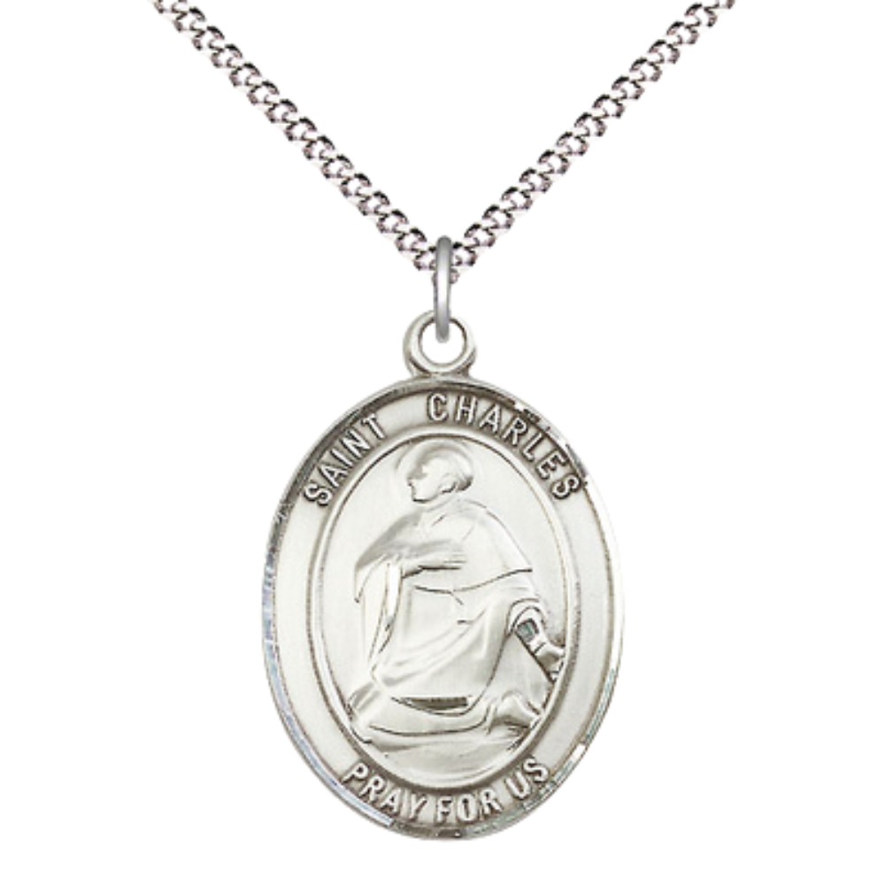 Everlasting Light Jewelry Women's Pewter Saint St. Charles Borromeo Medal Pendant Necklace with 18 Inch Rhodium Plated Lite Curb Brass Chain– Patron Saint St. of Catechists & Seminarians, Catholic Medal – Velvet Gift Box Included