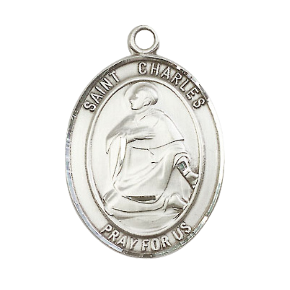 Everlasting Light Jewelry Women's Pewter Saint St. Charles Borromeo Medal Pendant Necklace with 18 Inch Rhodium Plated Lite Curb Brass Chain– Patron Saint St. of Catechists & Seminarians, Catholic Medal – Velvet Gift Box Included