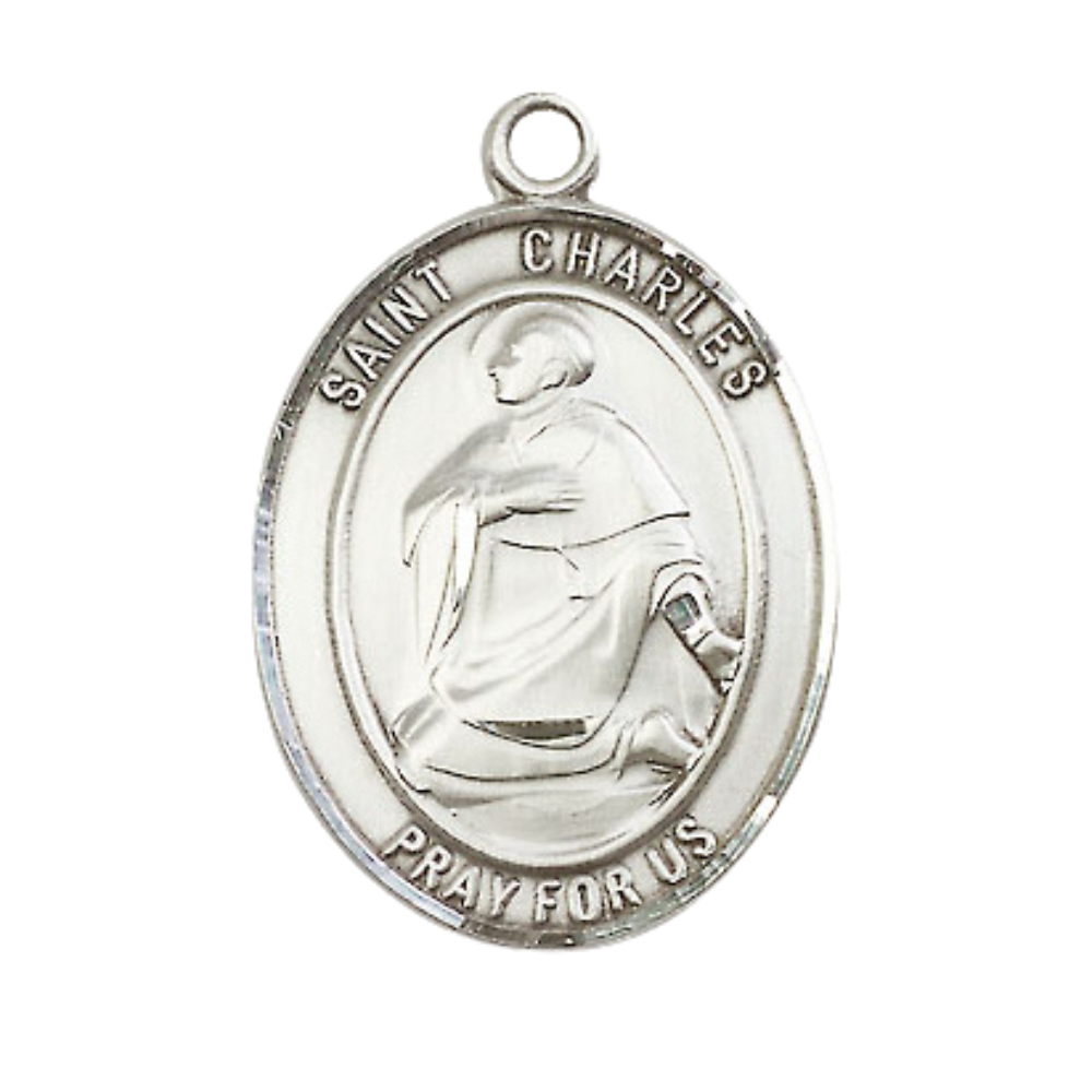 Saint St. Charles Borromeo Men's Pewter Medal Necklace– Patron Saint St. of Catechists & Seminarians – 24 Inch Light Rhodium Plated Heavy Curb Chain, Catholic Medal – Velvet Gift Box