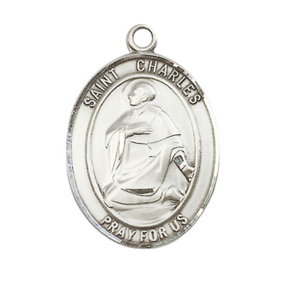 Saint St. Charles Borromeo Men's Pewter Medal Necklace– Patron Saint St. of Catechists & Seminarians – 24 Inch Light Rhodium Plated Heavy Curb Chain, Catholic Medal – Velvet Gift Box