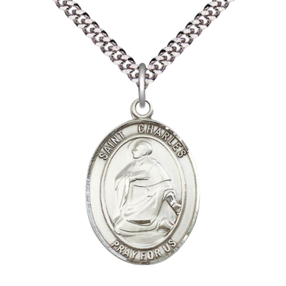 Saint St. Charles Borromeo Men's .925 Sterling Silver Medal Necklace– Patron Saint St. of Catechists & Seminarians – 24 Inch Light Rhodium Plated Heavy Curb Chain, Catholic Medal – Velvet Gift Box