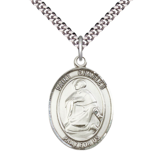Saint St. Charles Borromeo Men's .925 Sterling Silver Medal Necklace– Patron Saint St. of Catechists & Seminarians – 24 Inch Light Rhodium Plated Heavy Curb Chain, Catholic Medal – Velvet Gift Box