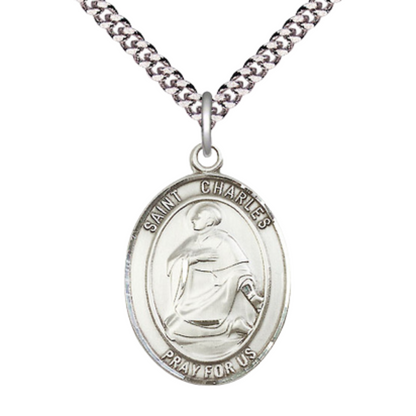 Saint St. Charles Borromeo Men's Pewter Medal Necklace– Patron Saint St. of Catechists & Seminarians – 24 Inch Light Rhodium Plated Heavy Curb Chain, Catholic Medal – Velvet Gift Box