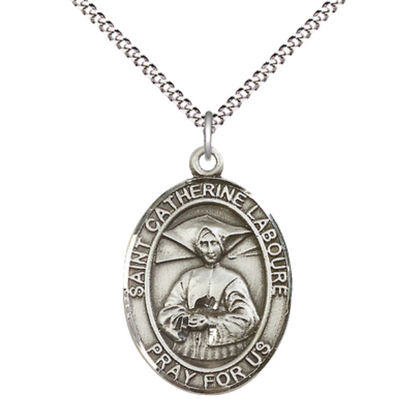 Everlasting Light Jewelry Women's Pewter Saint St. Catherine Laboure Medal Pendant Necklace with 18 Inch Rhodium Plated Lite Curb Brass Chain– Patron Saint St. of the Miraculous Medal Catholic Medal – Velvet Gift Box Included