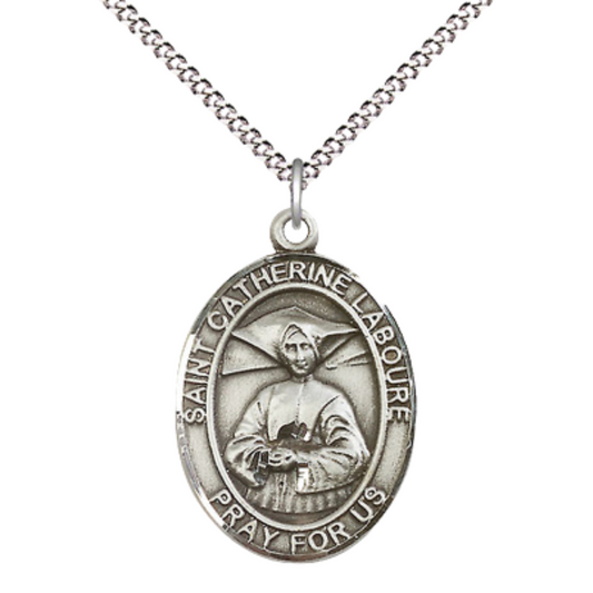 Everlasting Light Jewelry Women's Pewter Saint St. Catherine Laboure Medal Pendant Necklace with 18 Inch Rhodium Plated Lite Curb Brass Chain– Patron Saint St. of the Miraculous Medal Catholic Medal – Velvet Gift Box Included