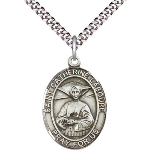 Mens Oval Pewter Saint St. Catherine Laboure Medal Pendant on 24 Inch Rhodium Plated Heavy Curb Brass Chain with Lobster Claw clasp, Catholic Religious Necklace - Made in USA- Deluxe Velvet Gift Box