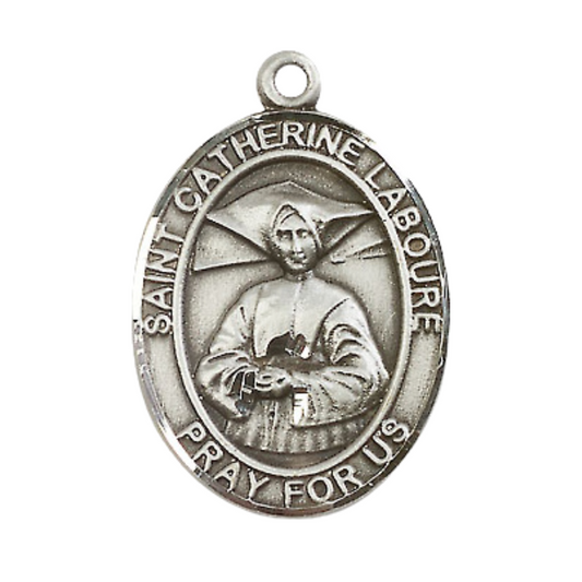 Mens .925 Sterling Silver Saint St. Catherine Laboure Medal Pendant on 24 Inch Rhodium Plated Heavy Curb Brass Chain with Lobster Claw clasp, Catholic Religious Necklace - Made in USA- Velvet Gift Box