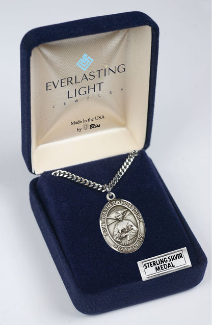Saint St. Catherine Laboure Men's Medal Necklace – 24 Inch Endless Light Rhodium Plated Heavy Curb Chain, Catholic Medal – Miraculous Medal Patron Saint St. – Elegant Velvet Gift Box