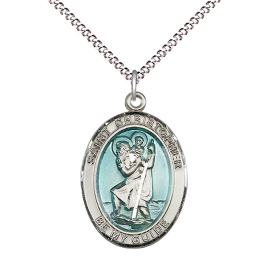 Everlasting Light Jewelry Women's .925 Sterling Silver Saint St. Christopher Medal Pendant on 18 Inch Rhodium Plated Lite Curb Brass Chain - Catholic Religious Necklace Made in USA, Deluxe Velvet Gift Box