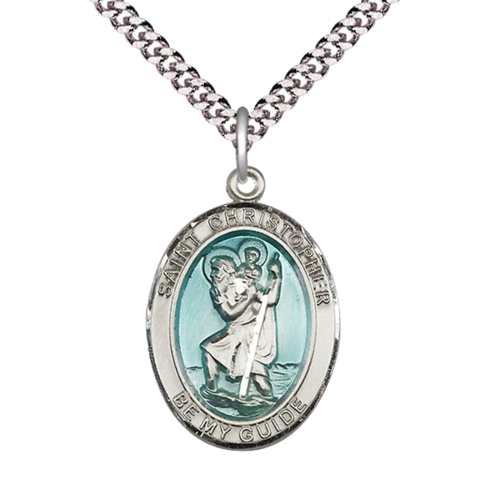 Everlasting Light Jewelry Men's .925 Sterling Silver St Christopher Medal Pendant on 24 Inch Endless Rhodium Plated Heavy Curb Chain -Catholic Religious Necklace Made in USA,Deluxe Velvet Gift Box