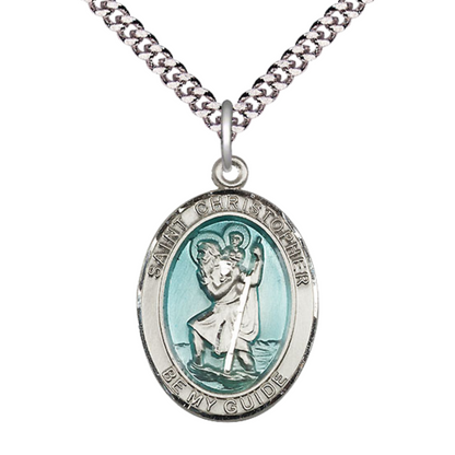 Everlasting Light Jewelry Men's .925 Sterling Silver St Christopher Medal Pendant on 24 Inch Endless Rhodium Plated Heavy Curb Chain -Catholic Religious Necklace Made in USA,Deluxe Velvet Gift Box