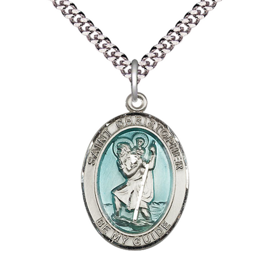 Everlasting Light Jewelry Men's .925 Sterling Silver St Christopher Medal Pendant on 24 Inch Endless Rhodium Plated Heavy Curb Chain -Catholic Religious Necklace Made in USA,Deluxe Velvet Gift Box