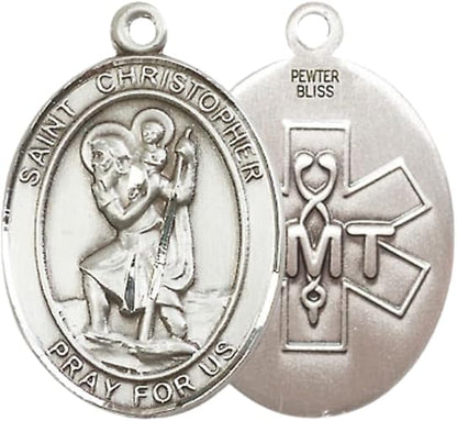 Everlasting Light Jewelry Women's Pewter Saint St. Christopher EMT Medal Pendant Necklace with 18- Inch Rhodium Plated Lite Curb Brass Chain – Patron Saint St. of Travelers, Catholic Medal – Velvet Gift Box Included