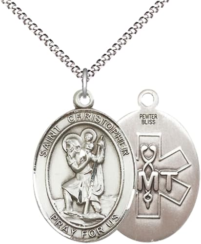 Everlasting Light Jewelry Women's Pewter Saint St. Christopher EMT Medal Pendant Necklace with 18- Inch Rhodium Plated Lite Curb Brass Chain – Patron Saint St. of Travelers, Catholic Medal – Velvet Gift Box Included