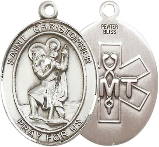 Everlasting Light Jewelry Men's Pewter Saint St. Christopher EMT Medal Pendant Necklace with 24- Inch Rhodium Plated Chain, Catholic Medal - Patron Saint. of Travelers – Gift for First Responders