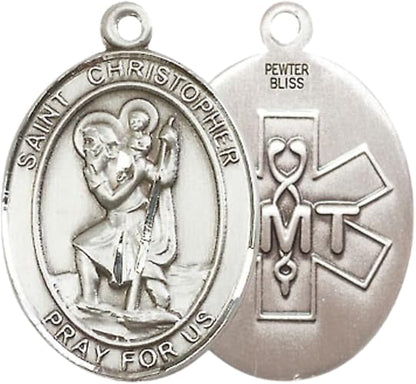 Everlasting Light Jewelry Men's Pewter Saint St. Christopher EMT Medal Pendant Necklace with 24- Inch Rhodium Plated Chain, Catholic Medal - Patron Saint. of Travelers – Gift for First Responders