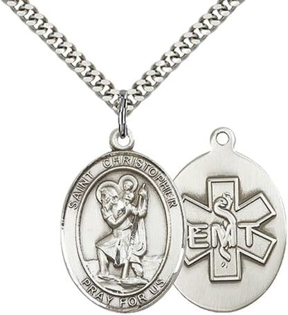 Everlasting Light Jewelry Men's Pewter Saint St. Christopher EMT Medal Pendant Necklace with 24- Inch Rhodium Plated Chain, Catholic Medal - Patron Saint. of Travelers – Gift for First Responders