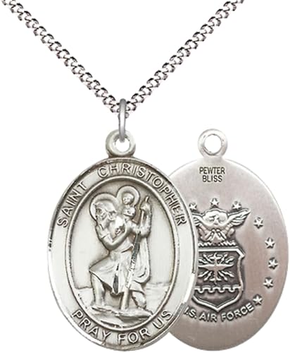 Women's Pewter Saint St. Christopher Air Force Medal Pendant Necklace – 1" x ¾" – 18 Inch Rhodium Plated Lite Curb Brass Chain – Patron Saint St. of Travelers & Motorists, Catholic Medal – Velvet Gift Box Included