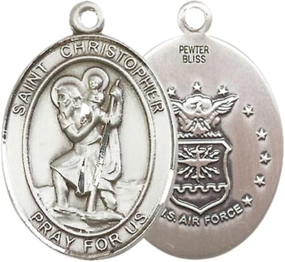 Everlasting Light Jewelry Men's Pewter Saint Christopher Air Force Medal Pendant Necklace with 24-Inch Rhodium Plated Chain – Patron Saint of Travelers – Velvet Gift Box Included