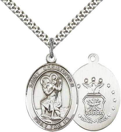Everlasting Light Jewelry Men's Pewter Saint Christopher Air Force Medal Pendant Necklace with 24-Inch Rhodium Plated Chain – Patron Saint of Travelers – Velvet Gift Box Included