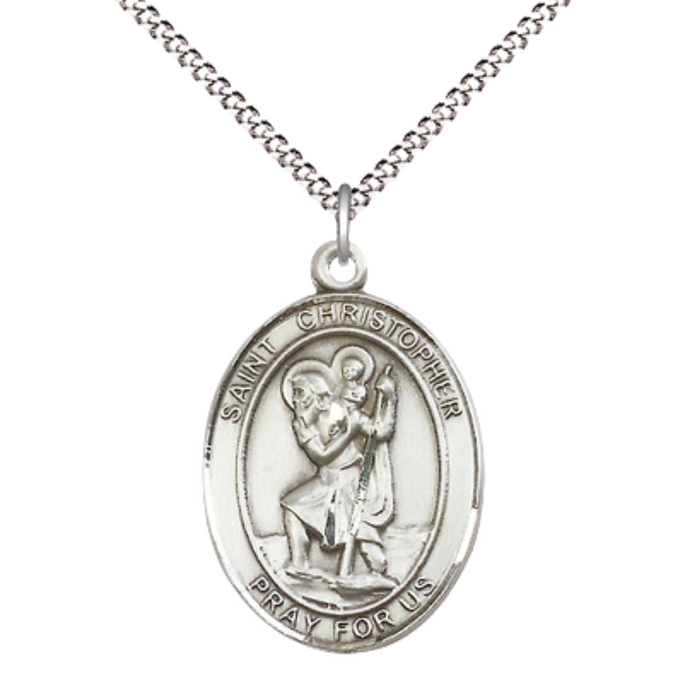 Women's .925 Sterling Silver Saint St. Christopher Medal Pendant on 18 Inch Rhodium Plated Lite Curb Brass Chain w/ Lobster Claw Clasp, Catholic Religious Necklace - Made in USA- Deluxe Velvet Gift Box