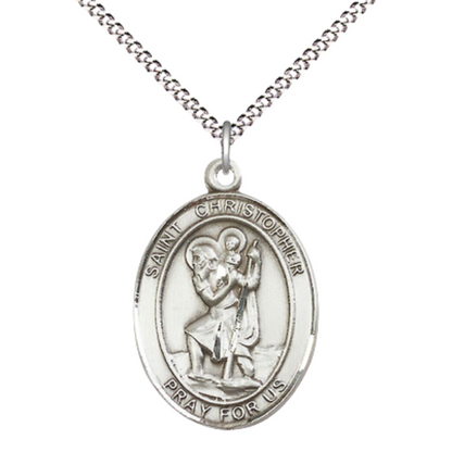 Women's .925 Sterling Silver Saint St. Christopher Medal Pendant on 18 Inch Rhodium Plated Lite Curb Brass Chain w/ Lobster Claw Clasp, Catholic Religious Necklace - Made in USA- Deluxe Velvet Gift Box