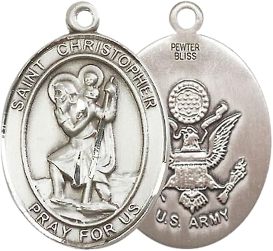 Everlasting Light Jewelry Women's Pewter Saint St. Christopher Army Medal Pendant Necklace with 18- Inch Rhodium Plated Lite Curb Brass Chain – Patron Saint St. of Travelers, Catholic Medal – Velvet Gift Box Included