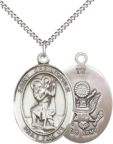 Everlasting Light Jewelry Women's Pewter Saint St. Christopher Army Medal Pendant Necklace with 18- Inch Rhodium Plated Lite Curb Brass Chain – Patron Saint St. of Travelers, Catholic Medal – Velvet Gift Box Included