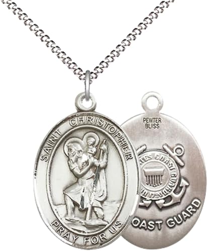 Women's Pewter Saint St. Christopher Coast Guard Medal Pendant Necklace with 18- Inch Rhodium Plated Lite Curb Brass Chain, Catholic Medal - Patron Saint. of Travelers – Gift for Coast Guard Members- Velvet Box Included
