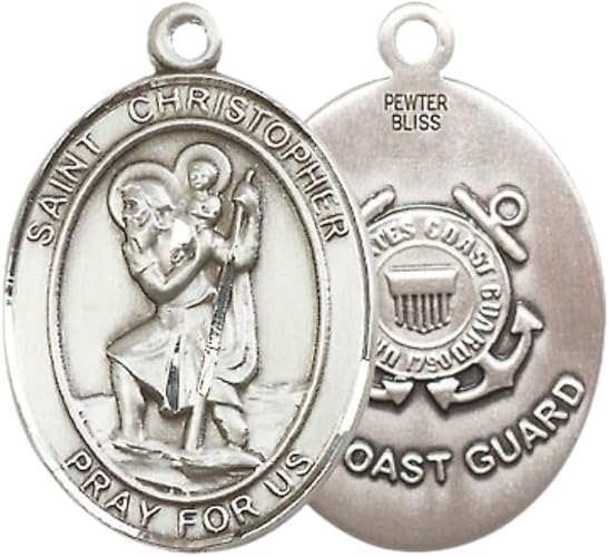 Mens Oval Pewter Saint St. Christopher Coast Guard Medal Pendant on 24 Inch Rhodium Plated Heavy Curb Brass Chain with Lobster Claw clasp, Catholic Religious Necklace - Made in USA- Velvet Gift Box