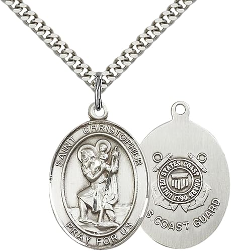 Everlasting Light Jewelry Men's Pewter Saint St. Christopher Coast Guard Medal Pendant Necklace with 24- Inch Rhodium Plated Chain, Catholic Medal - Patron Saint. of Travelers – Military Gift in Velvet Box