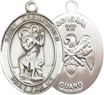 Women's Pewter Saint St. Christopher National Guard Medal Pendant Necklace with 18- Inch Rhodium Plated Lite Curb Brass Chain, Catholic Medal - Patron Saint. of Travelers – Military Gift in Velvet Box