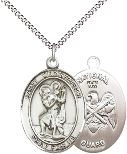 Women's Pewter Saint St. Christopher National Guard Medal Pendant Necklace with 18- Inch Rhodium Plated Lite Curb Brass Chain, Catholic Medal - Patron Saint. of Travelers – Military Gift in Velvet Box